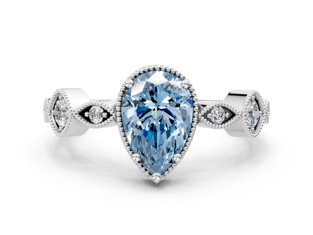 White gold Fancy Blue Pear  Cut Diamond Milgrain Marquise Band with Prong Setting_3