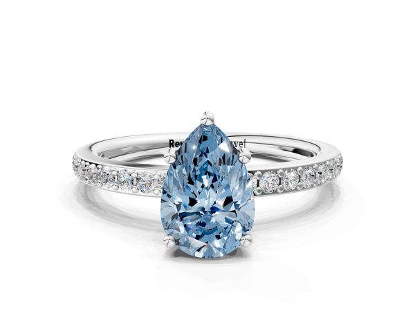 Platinum Fancy Blue Pear  Cut Diamond Pavé Band Ring with Four-Prong Setting