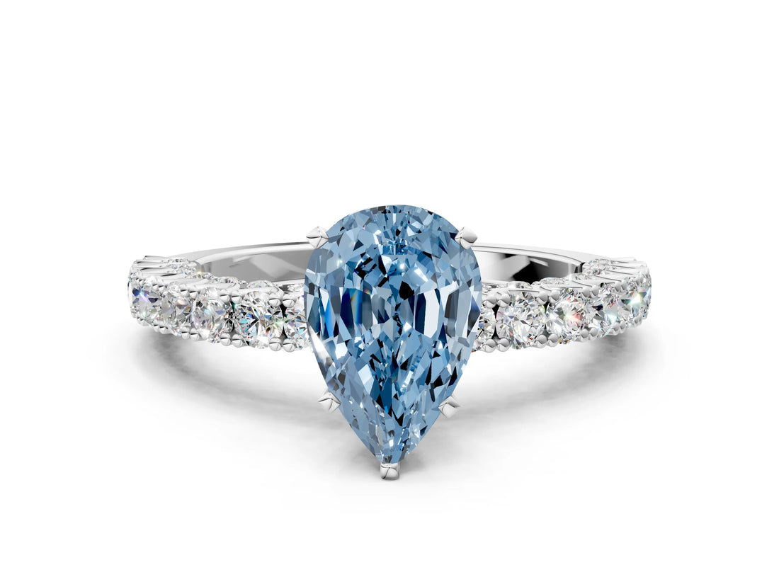 White gold Fancy Blue Pear Cut Diamond Pavé Band Solitaire Ring with Prong Setting_145