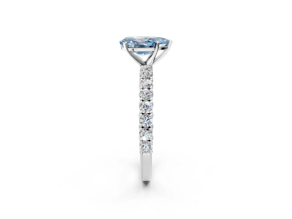 White gold Fancy Blue Pear Cut Diamond Pavé Band Solitaire Ring with Prong Setting