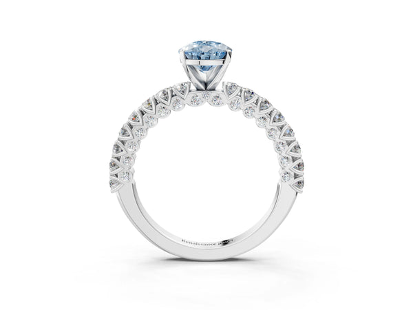 White gold Fancy Blue Pear Cut Diamond Pavé Band Solitaire Ring with Prong Setting