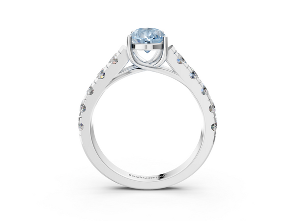 Platinum Fancy Blue Pear  Cut Diamond Solitaire Ring with Micro Pave Band and Prong Setting