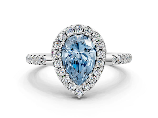 Platinum Fancy Blue Pear Cut Diamond Pavé Halo Ring with Four-Prong Setting