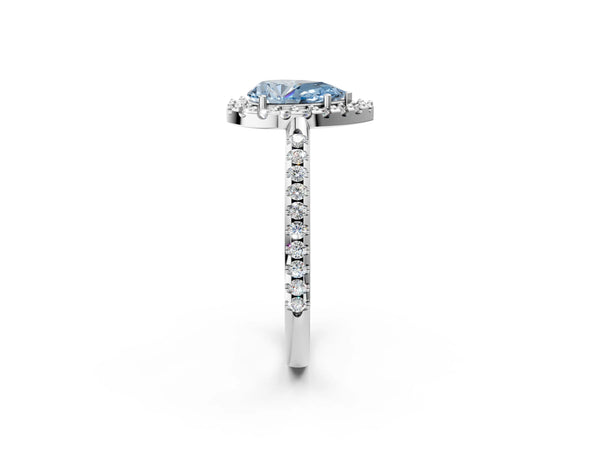 Platinum Fancy Blue Pear Cut Diamond Pavé Halo Ring with Four-Prong Setting