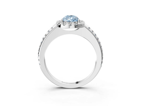 Platinum Fancy Blue Pear Cut Diamond Pavé Halo Ring with Four-Prong Setting