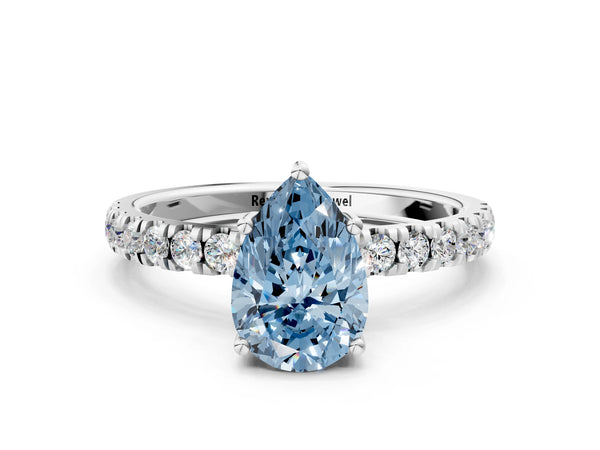 Platinum Fancy Blue Pear Cut Diamond Pave Band Solitaire Ring with Round  and Prong Setting