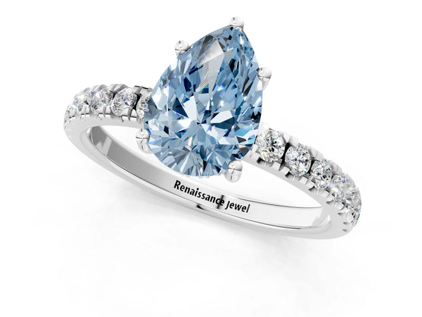 Platinum Fancy Blue Pear Cut Diamond Pave Band Solitaire Ring with Round  and Prong Setting