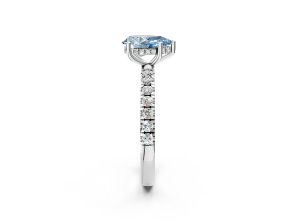 Platinum Fancy Blue Pear Cut Diamond Pave Band Solitaire Ring with Round  and Prong Setting