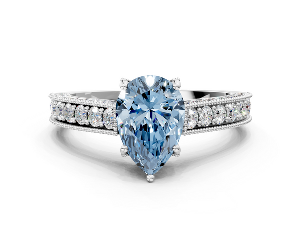 White gold Fancy Blue Pear  Cut Diamond Solitaire Ring with Milgrain Pave Band and Four Prong Setting