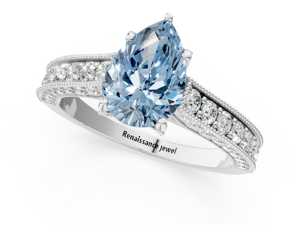 White gold Fancy Blue Pear  Cut Diamond Solitaire Ring with Milgrain Pave Band and Four Prong Setting