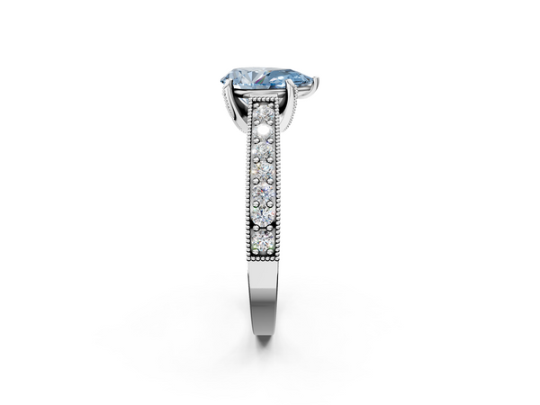 White gold Fancy Blue Pear  Cut Diamond Solitaire Ring with Milgrain Pave Band and Four Prong Setting