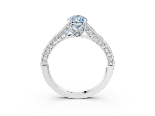 White gold Fancy Blue Pear  Cut Diamond Solitaire Ring with Milgrain Pave Band and Four Prong Setting
