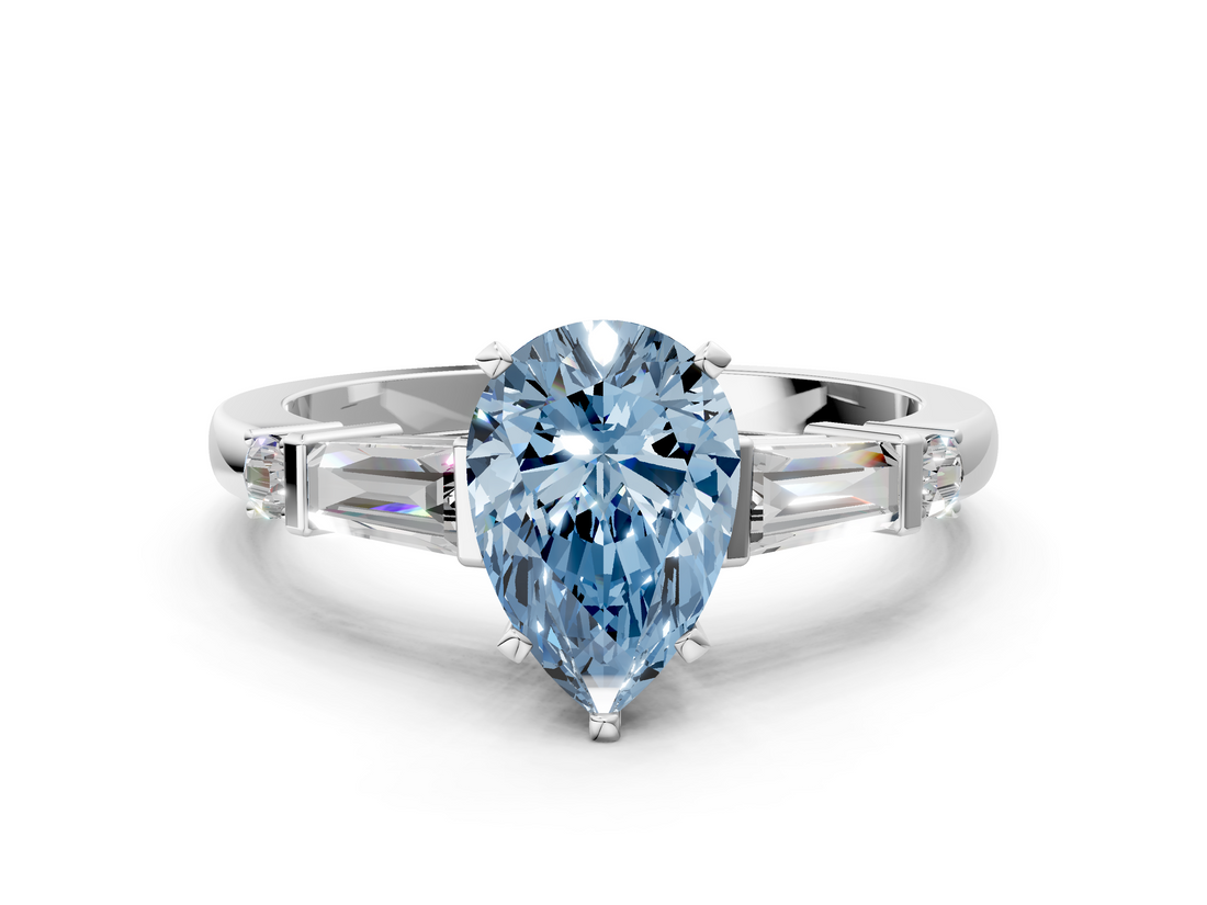 White gold Fancy Blue Pear  Cut Diamond Ring with Baguette Side Stones, Channel Set Band, and Four-Prong Setting_3