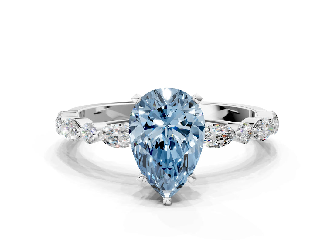 White gold Fancy Blue Pear Cut Diamond Ring with Marquise and Round  Side Stones and Four-Prong Setting_69