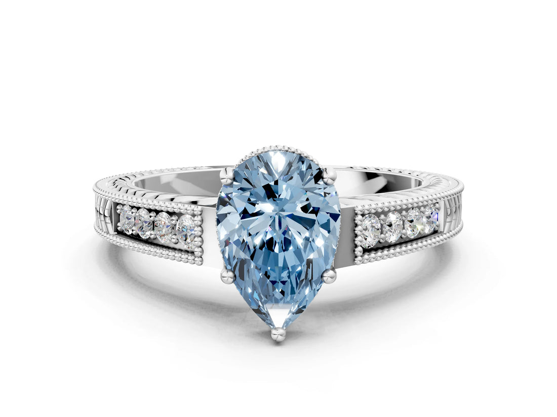 White gold Fancy Blue Pear Cut Diamond Ring with Milgrain Pavé Band and Four-Prong Setting_30