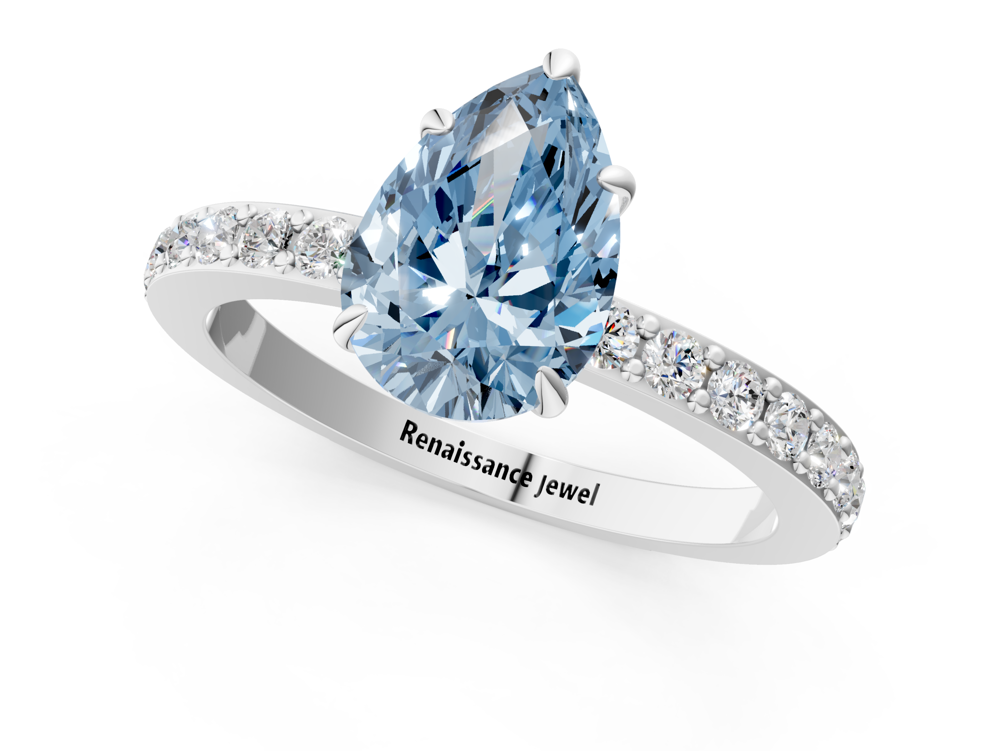 White gold Fancy Blue Pear  Cut Diamond Ring with Pavé Band and Four-Prong Setting_44