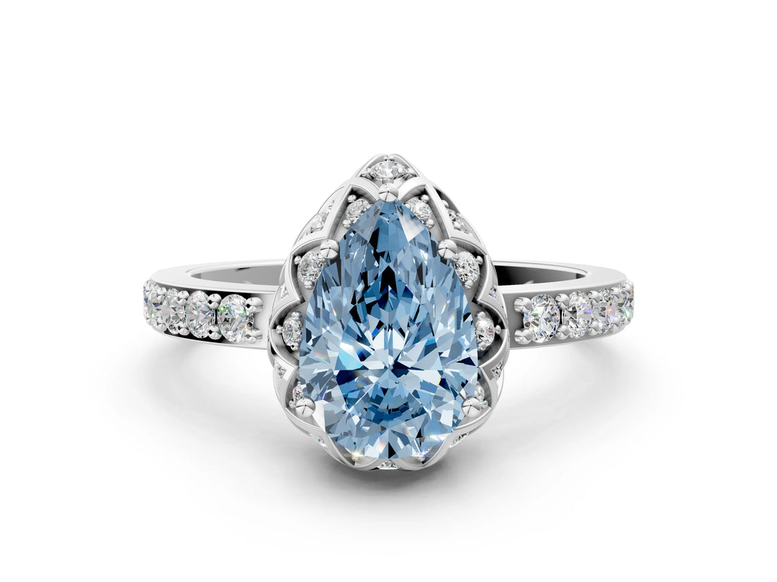 White gold Fancy Blue Pear Cut Diamond Scalloped Halo Engagement Ring with Round Shared Prong Band_43