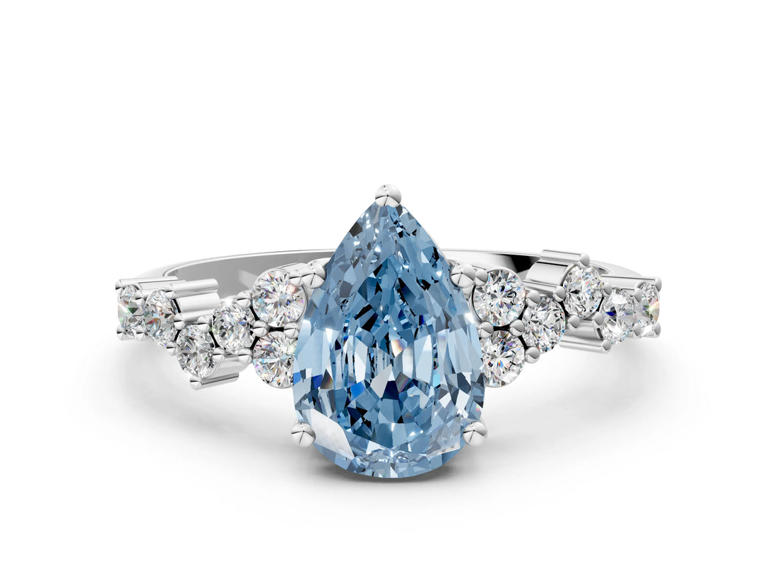 White gold Fancy Blue Pear Cut Diamond Scattered Round Accent Ring with Prong Setting_12