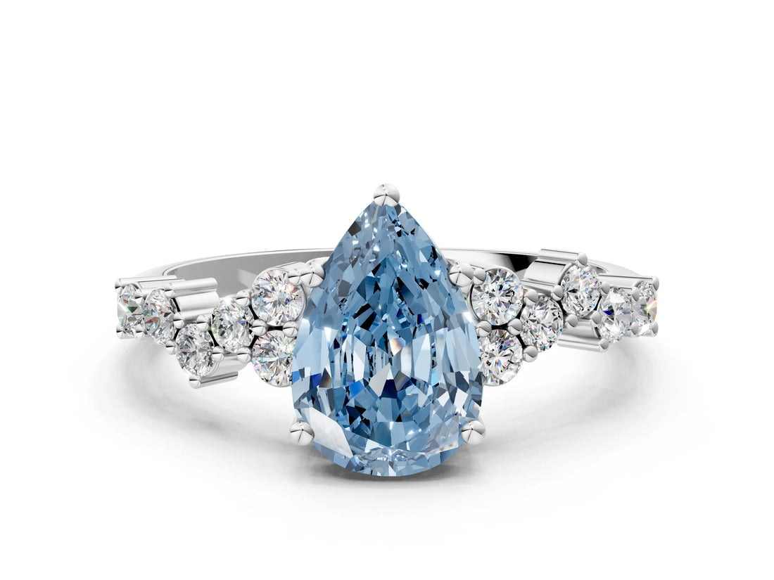 White gold Fancy Blue Pear Cut Diamond Scattered Round Accent Ring with Prong Setting_24