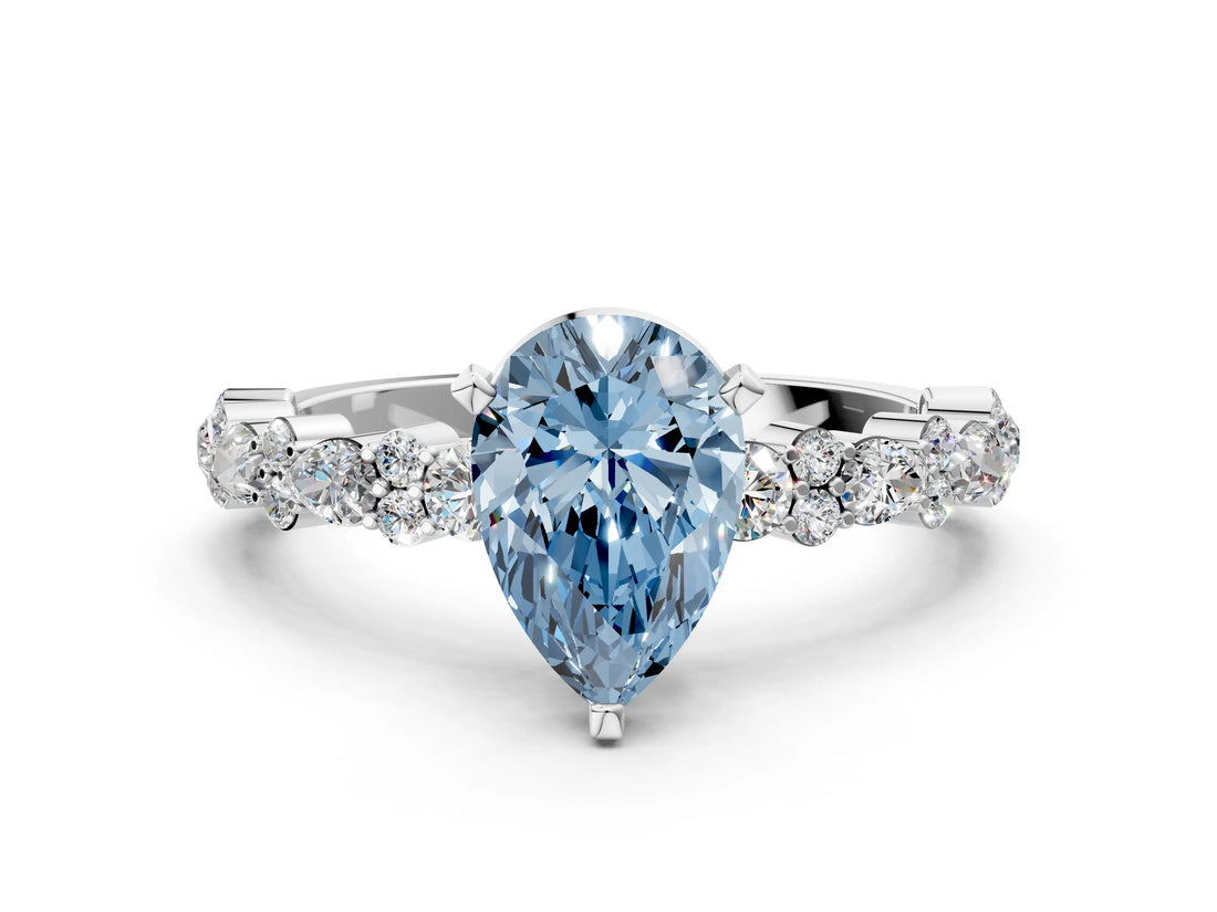 White gold Fancy Blue Pear Cut Diamond Side Stone Solitaire Ring with Round  and Four-Prong Setting_12