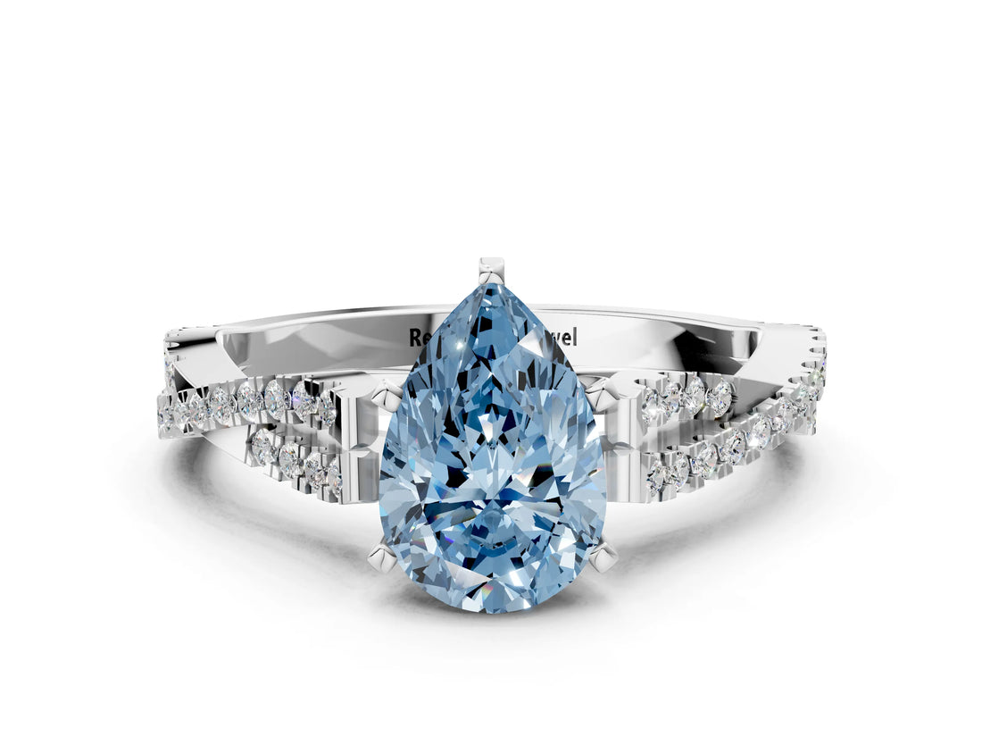 White gold Fancy Blue Pear Cut Diamond Solitaire Engagement Ring with Twisted Pavé Band and Four-Prong Setting_92