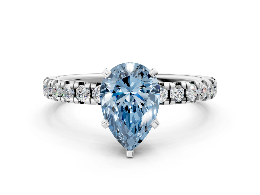 White gold Fancy Blue Pear Cut Diamond Solitaire Pavé Engagement Ring with Round Band and Prong Setting_97