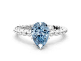 White gold Fancy Blue Pear Cut Diamond Solitaire Ring with Beaded Band and Prong Setting_398