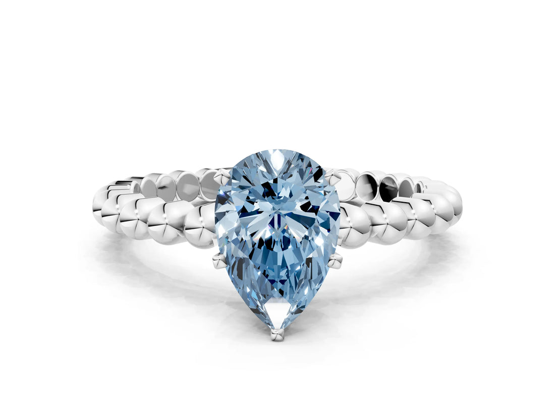 White gold Fancy Blue Pear Cut Diamond Solitaire Ring with Beaded Band and Prong Setting_410