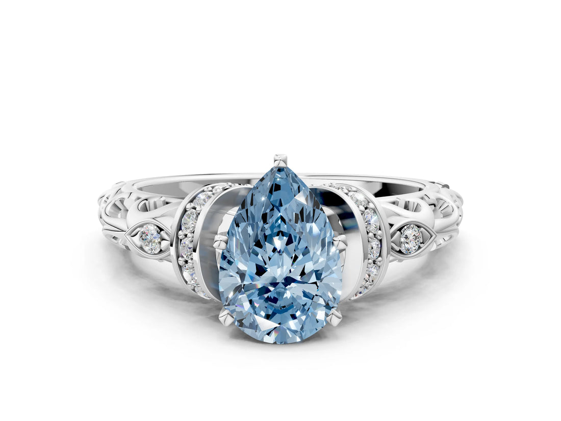 White gold Fancy Blue Pear Cut Diamond Solitaire Ring with Filigree Band and Four-Prong Setting_58