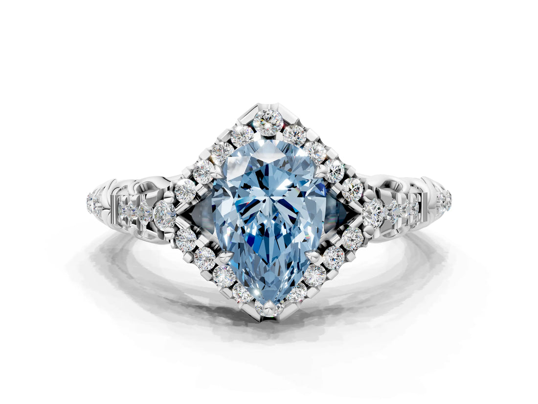 White gold Fancy Blue Pear Cut Diamond Solitaire Ring with Hidden Halo and Pavé Band_39