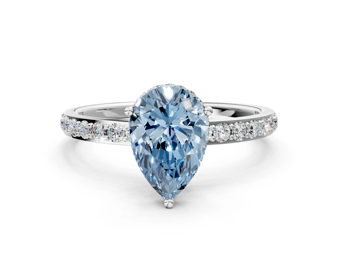 White gold Fancy Blue Pear Cut Diamond Solitaire Ring with Pavé Band and Hidden Halo_32