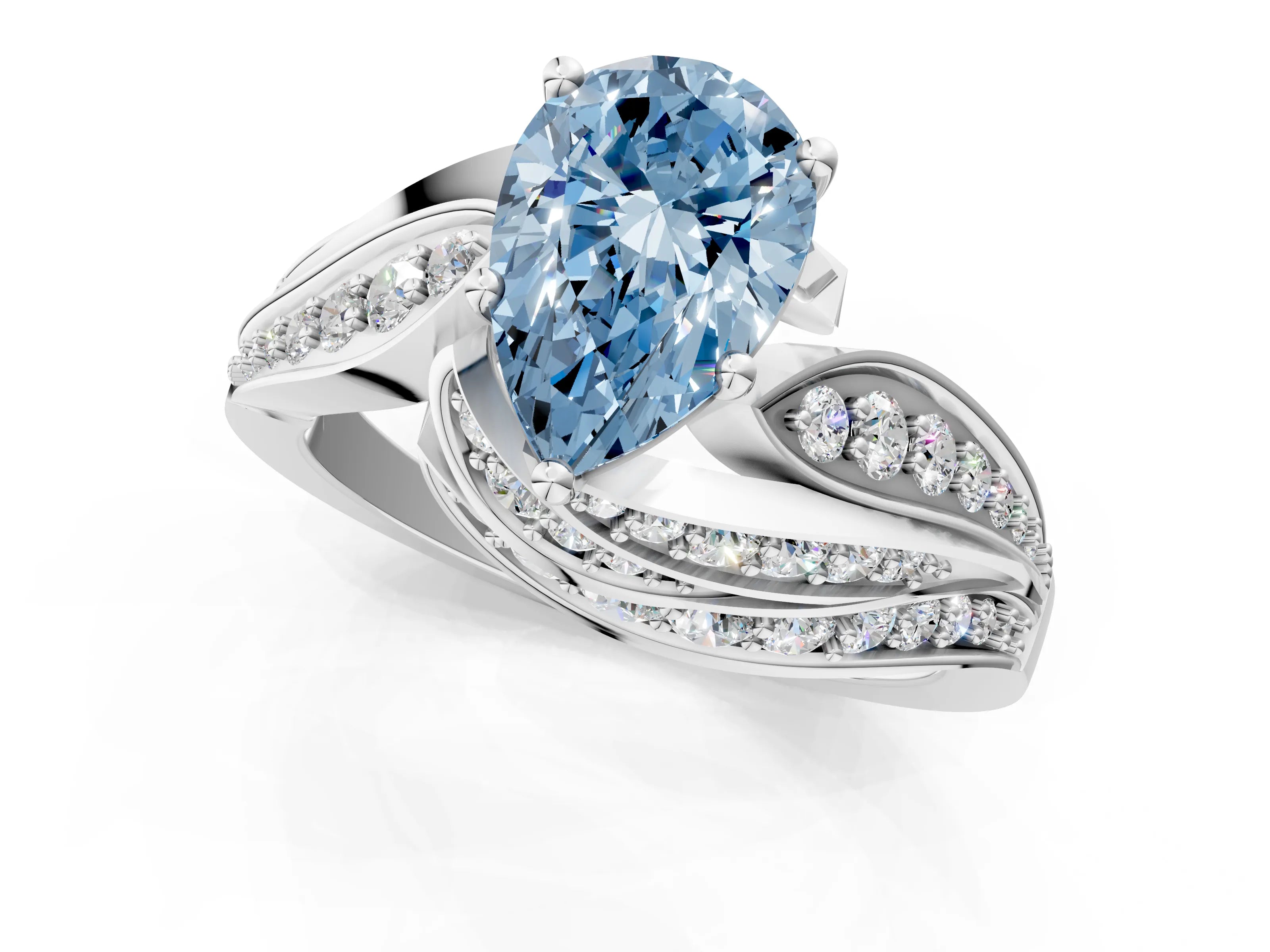 White gold Fancy Blue Pear Cut Diamond Solitaire Ring with Prong Setting and Twisted Pavé Band_1