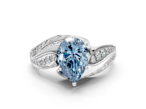 White gold Fancy Blue Pear Cut Diamond Solitaire Ring with Prong Setting and Twisted Pavé Band