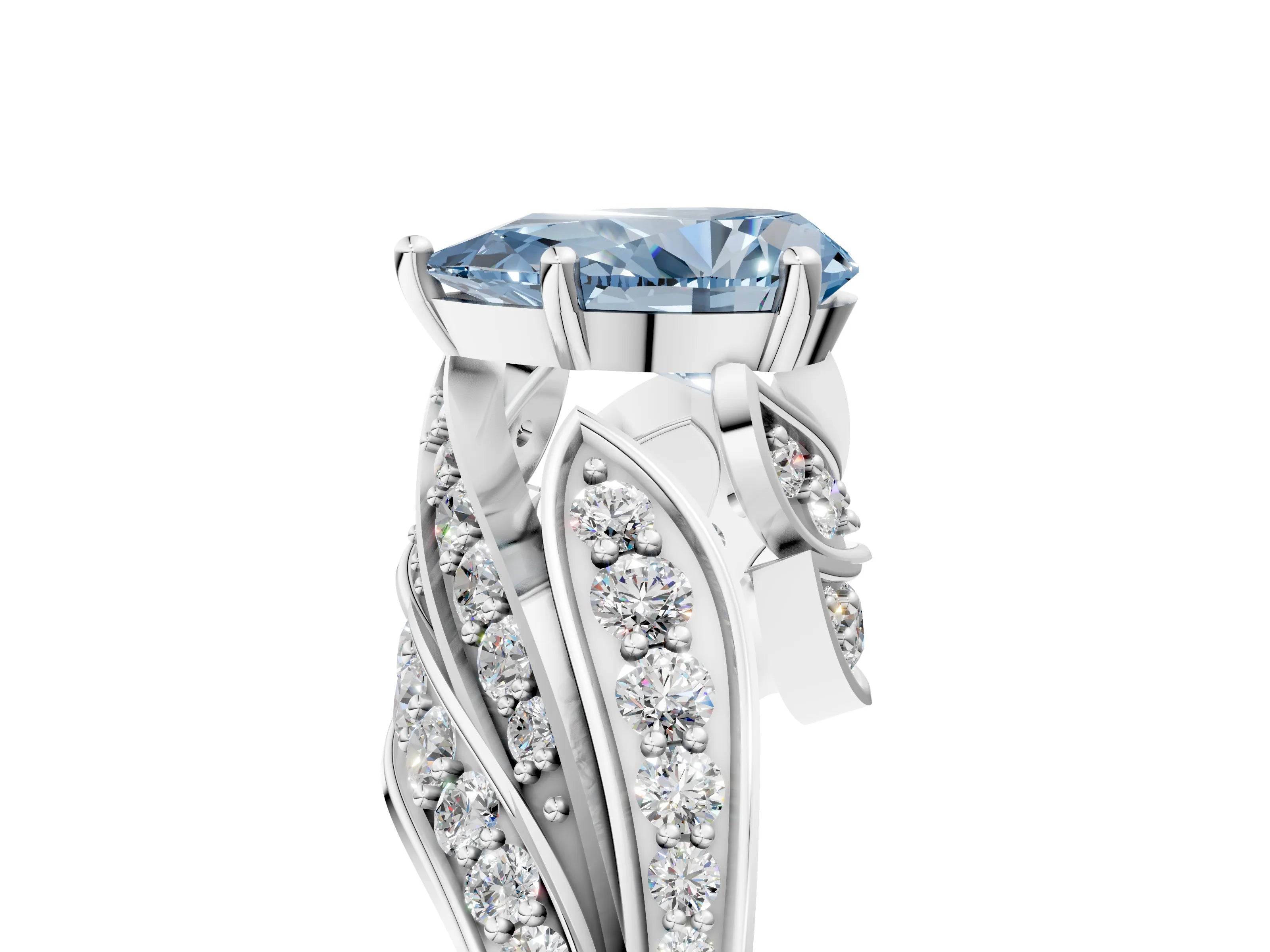 White gold Fancy Blue Pear Cut Diamond Solitaire Ring with Prong Setting and Twisted Pavé Band_5