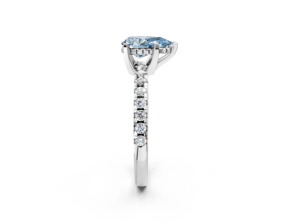 White Gold Pear-Shaped Hidden Halo Solitaire Engagement Ring Setting for Fancy Blue Center with Single Row Pave Band