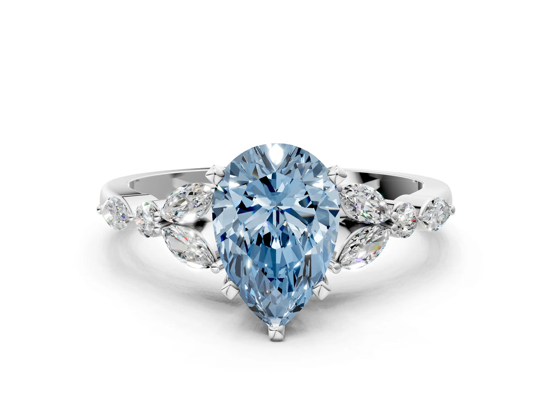 14K White Gold 2.00 Carat Blue VS1 Pear Diamond Solitaire Ring with Side Stones and Four-Prong Setting