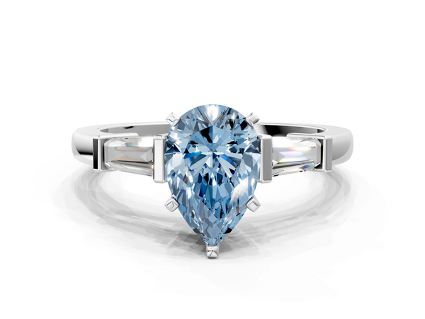 Platinum Fancy Blue Pear  Cut Diamond Solitaire Ring with Tapered Baguette Accents and Four-Prong Setting