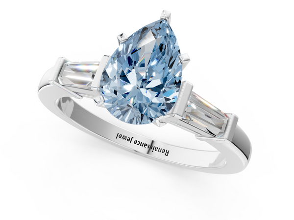 Platinum Fancy Blue Pear  Cut Diamond Solitaire Ring with Tapered Baguette Accents and Four-Prong Setting