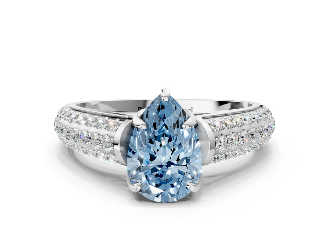 White gold Fancy Blue Pear Cut Diamond Solitaire Ring with Three-Row Pavé Band and Four-Prong Setting_49