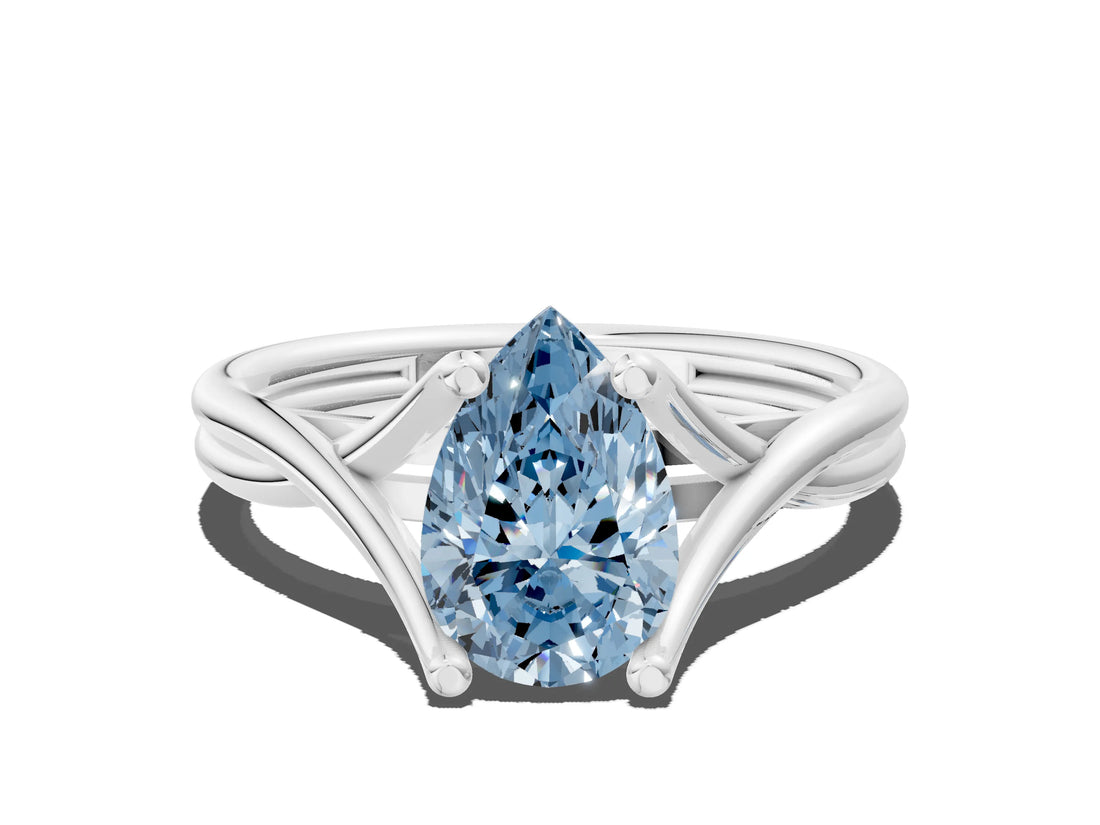 White gold Fancy Blue Pear Cut Diamond Solitaire Twist Band Prong Setting Ring_67