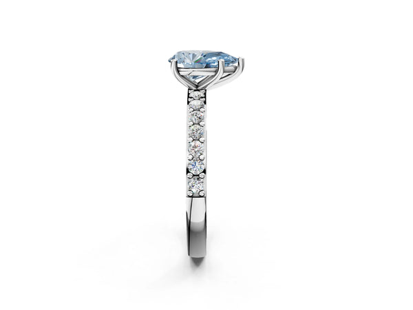 White gold Fancy Blue Pear  Cut Diamond Solitaire with Pave Band and Four-Prong Setting