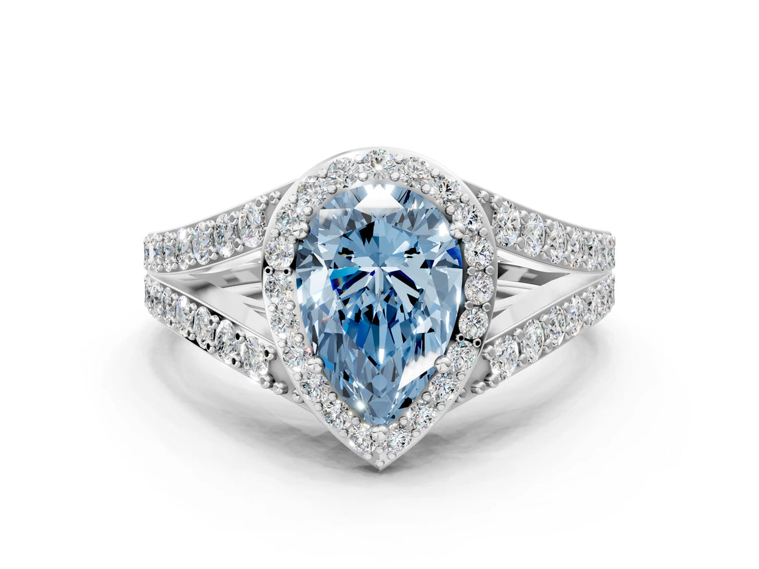 White gold Fancy Blue Pear Cut Diamond Split Shank Halo Ring with Four-Prong Setting_88