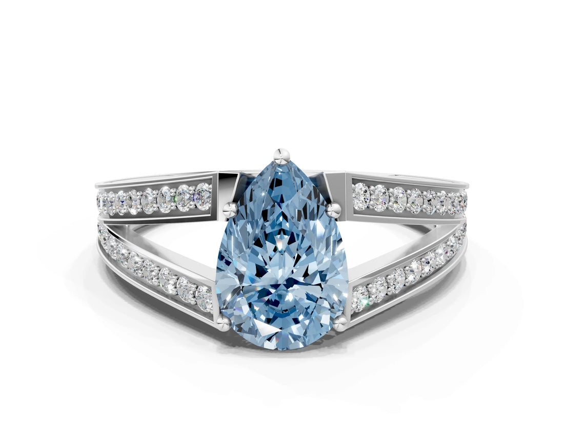 White gold Fancy Blue Pear Cut Diamond Split Shank Ring with Pavé Band and Four-Prong Setting_40