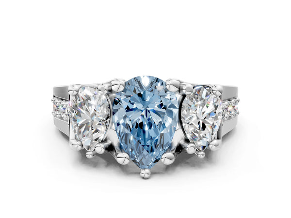 White gold Fancy Blue Pear Cut Diamond Three-Stone Ring with Channel Set Band and Four-Prong Setting