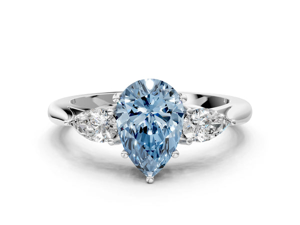 Sterling Silver Pear-Shaped Three Stone Pear Side Engagement Ring Setting for Fancy Blue Center