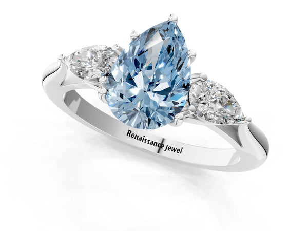 Sterling Silver Pear-Shaped Three Stone Pear Side Engagement Ring Setting for Fancy Blue Center