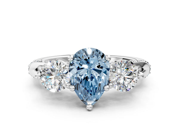 White Gold Pear-Shaped Curved Pave Three Stone Engagement Ring Setting for Fancy Blue Center