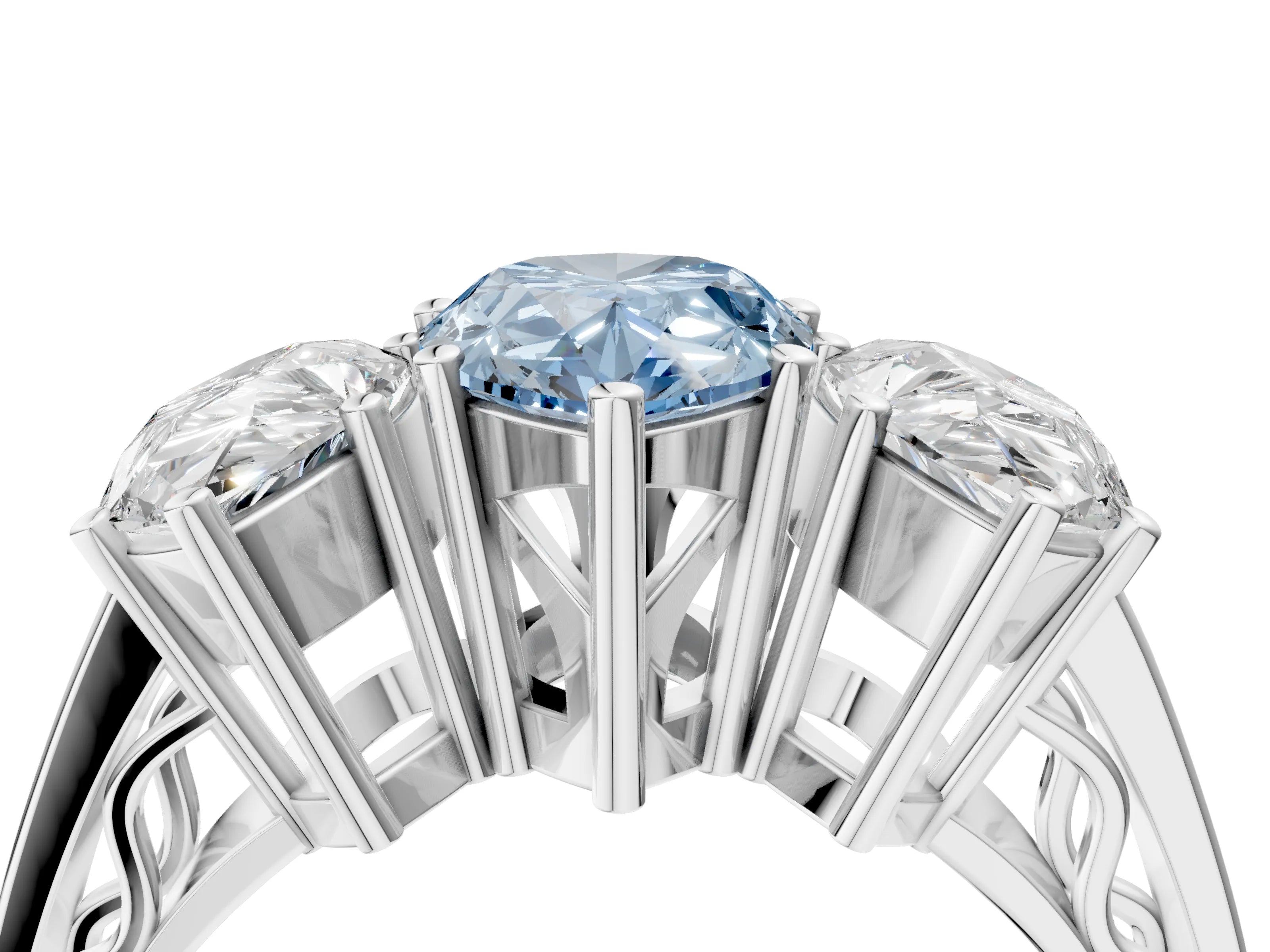 White gold Fancy Blue Pear Cut Diamond Three-Stone Ring with Prong Setting and Textured Band_12