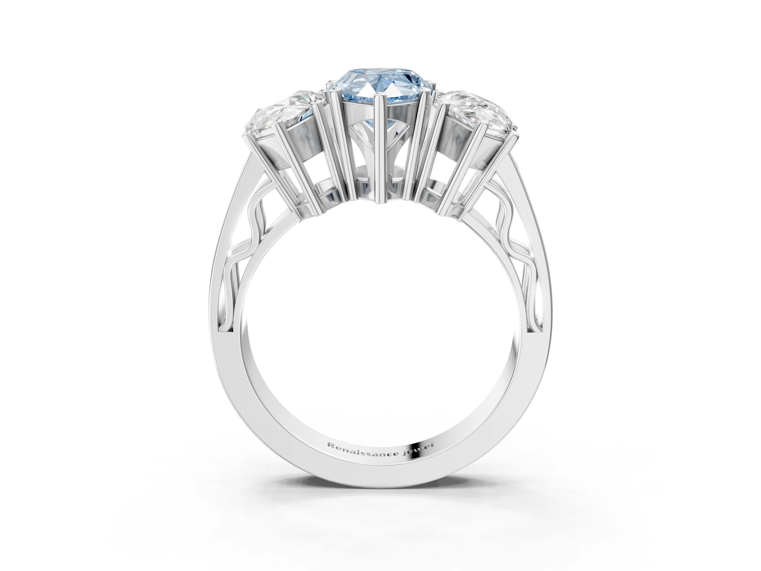 White gold Fancy Blue Pear Cut Diamond Three-Stone Ring with Prong Setting and Textured Band_15