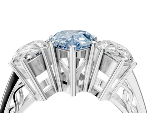 White gold Fancy Blue Pear Cut Diamond Three-Stone Ring with Prong Setting and Textured Band_16